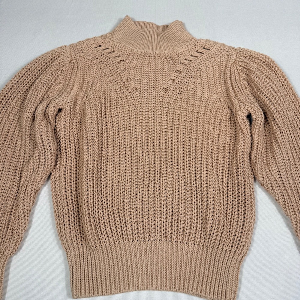 525 Mock Neck Sweater XS Tan Beige Cotton Puff Sleeve Pointelle Shaker Knit